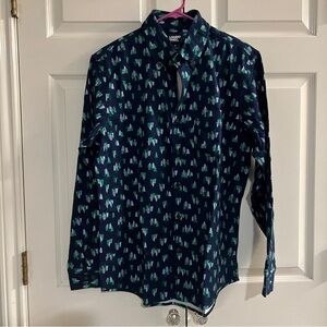 Lands’ End NWOT button down M long sleeve blue flannel winter Christmas tree